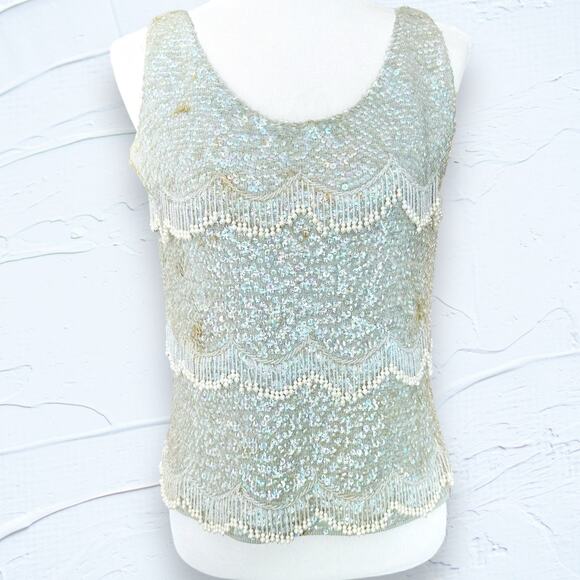 Vintage 1950s 1960s Sequin and Pearl Beaded Wool Top Glam Mad Men - Picture 1 of 12